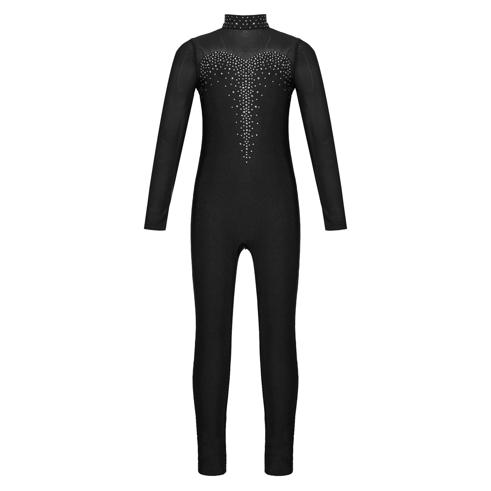 Inlzdz Girls Figure Skating Unitard Shiny Rhinestone Jumpsuit Sheer Mesh Long Sleeve 9-10 Years
