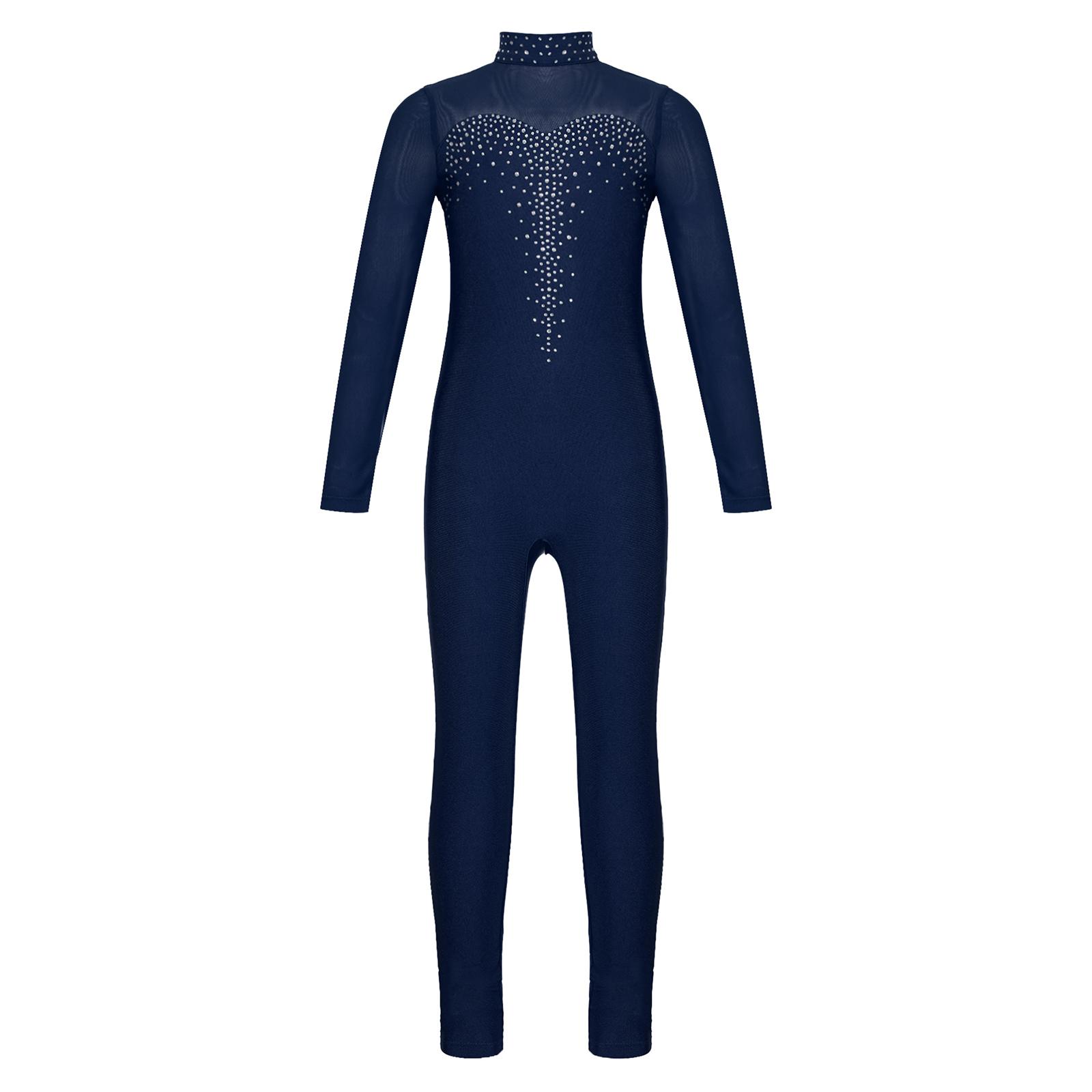 Inlzdz Girls Figure Skating Unitard Shiny Rhinestone Jumpsuit Sheer Mesh Long Sleeve 9-10 Years marineblauwe kleur