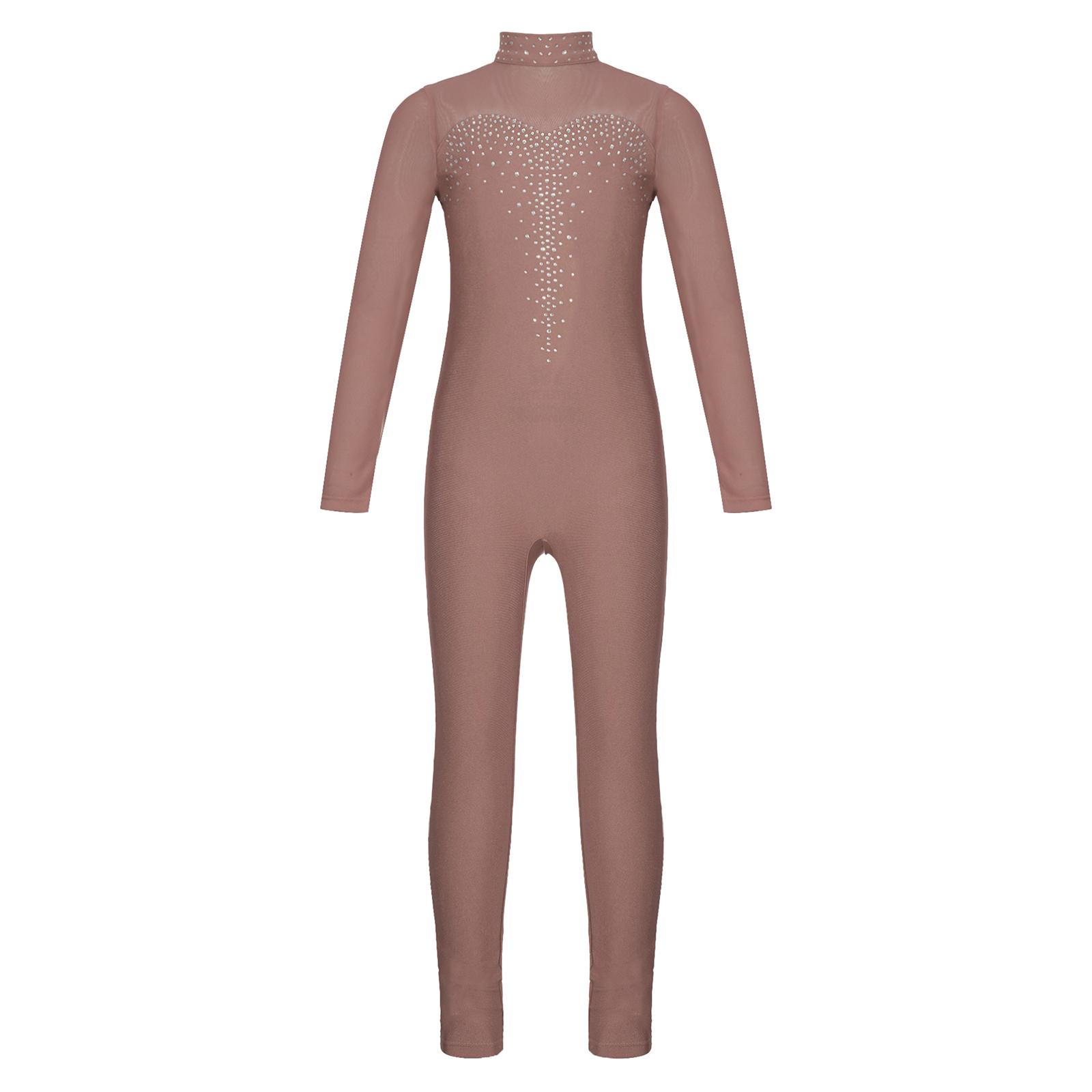 Inlzdz Girls Figure Skating Unitard Shiny Rhinestone Jumpsuit Sheer Mesh Long Sleeve 15-16 Years mountbatten roze kleur