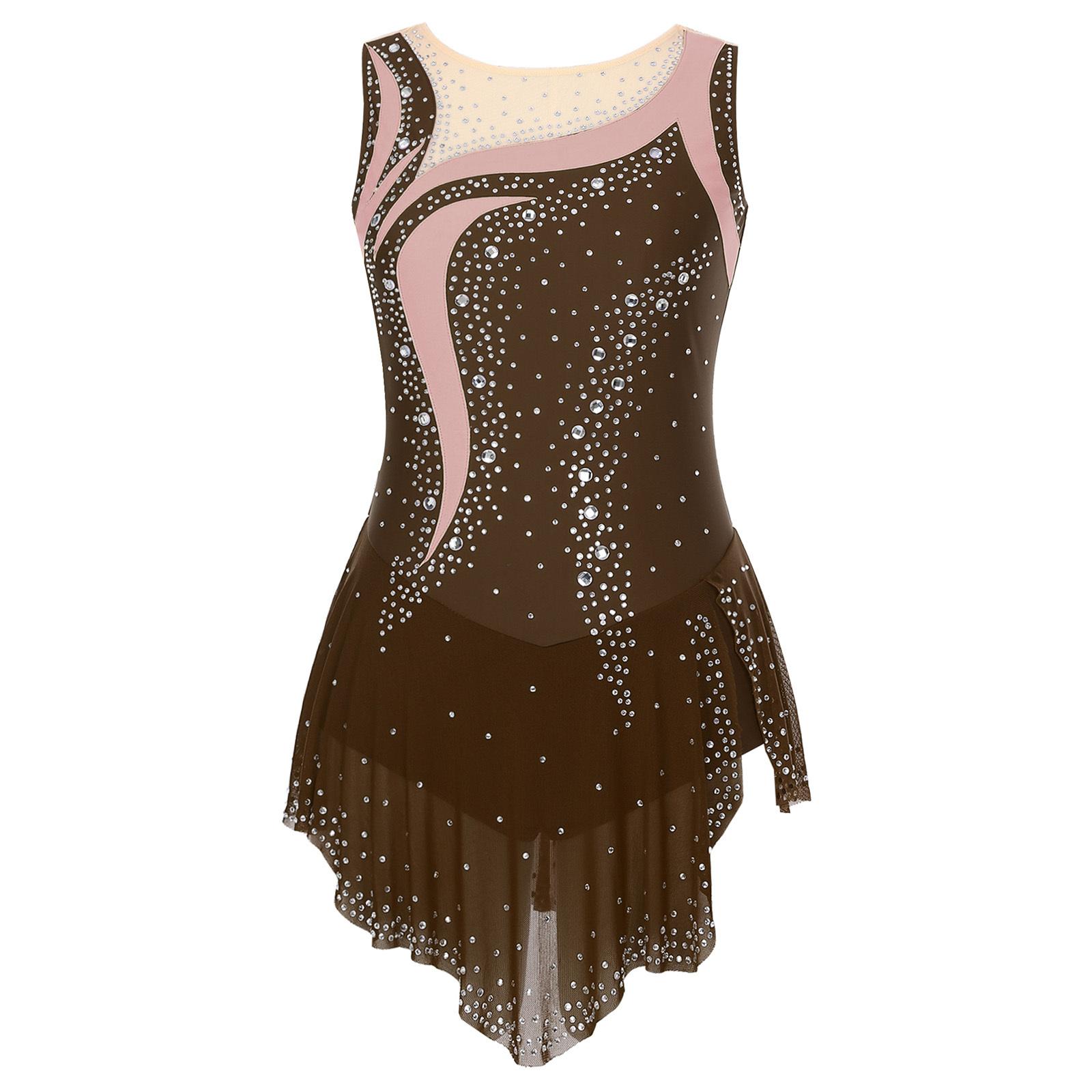 Inlzdz Dames Glanzende Strass Ritmische Dans Gymnastiek Leotard Mouwloos Rolschaatsen Danskostuum Ballet Lyrische Bodysuit Jurk S bruin