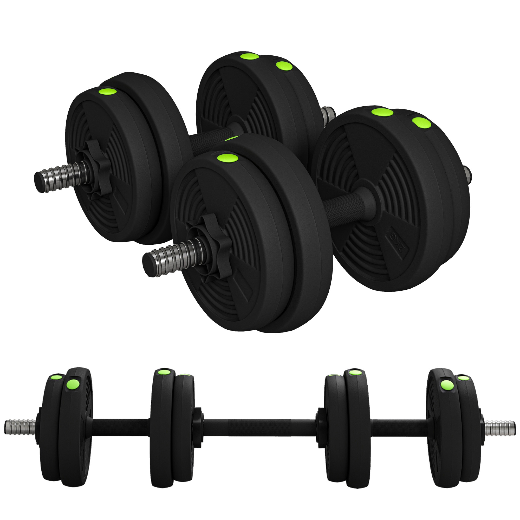 SPORTNOW 2-in-1 halterset, veelzijdig, lang & dumbbell, 15 kg, antislip, vloervriendelijk, ideaal voor thuisworkouts, zwart/groen | Aosom.nl
