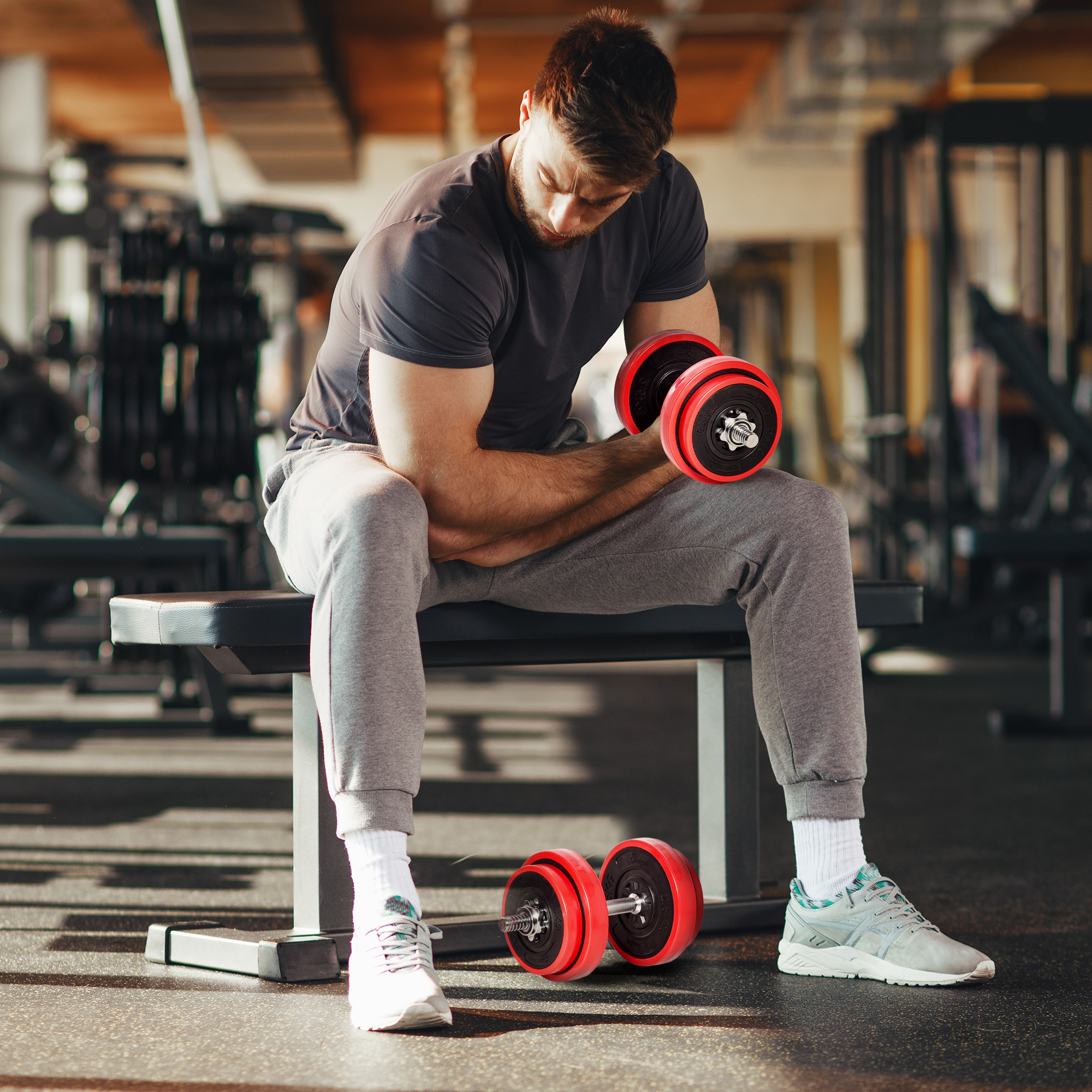 HOMCOM Dumbbell Set 20 kg 2-in-1 Verstelbare Halterset Fitness met Anti-Slip Handgrepen IJzerzand Constructie en Vloerbescherming | Aosom.nl