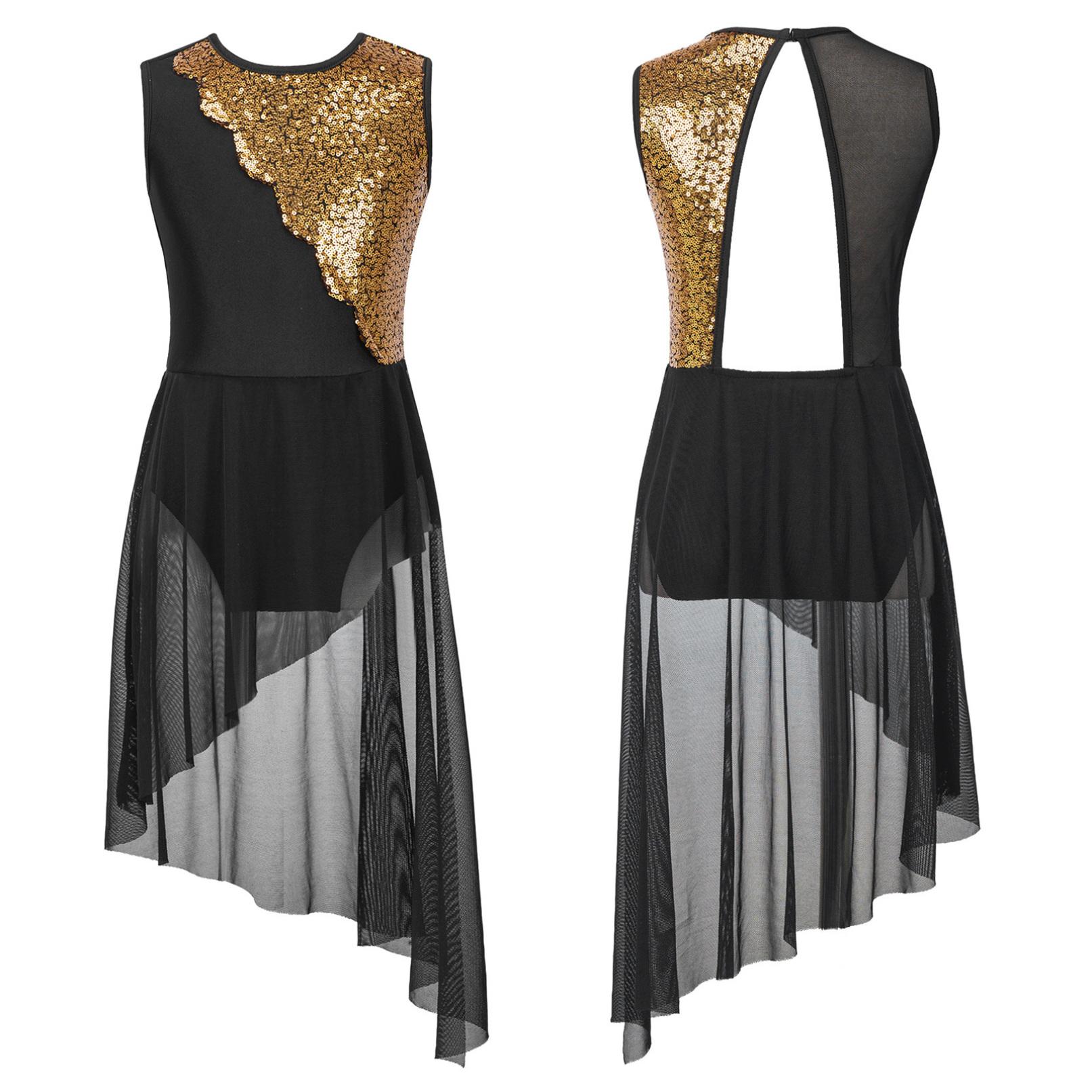 YONGHS Kinderen Meisjes Mouwloze Ronde Hals Pailletten Lyrische Dans Jurk Onregelmatige Zoom Holle Rug Gymnastiek Ballet Turnpakje Jurk 7-8 Years zwart