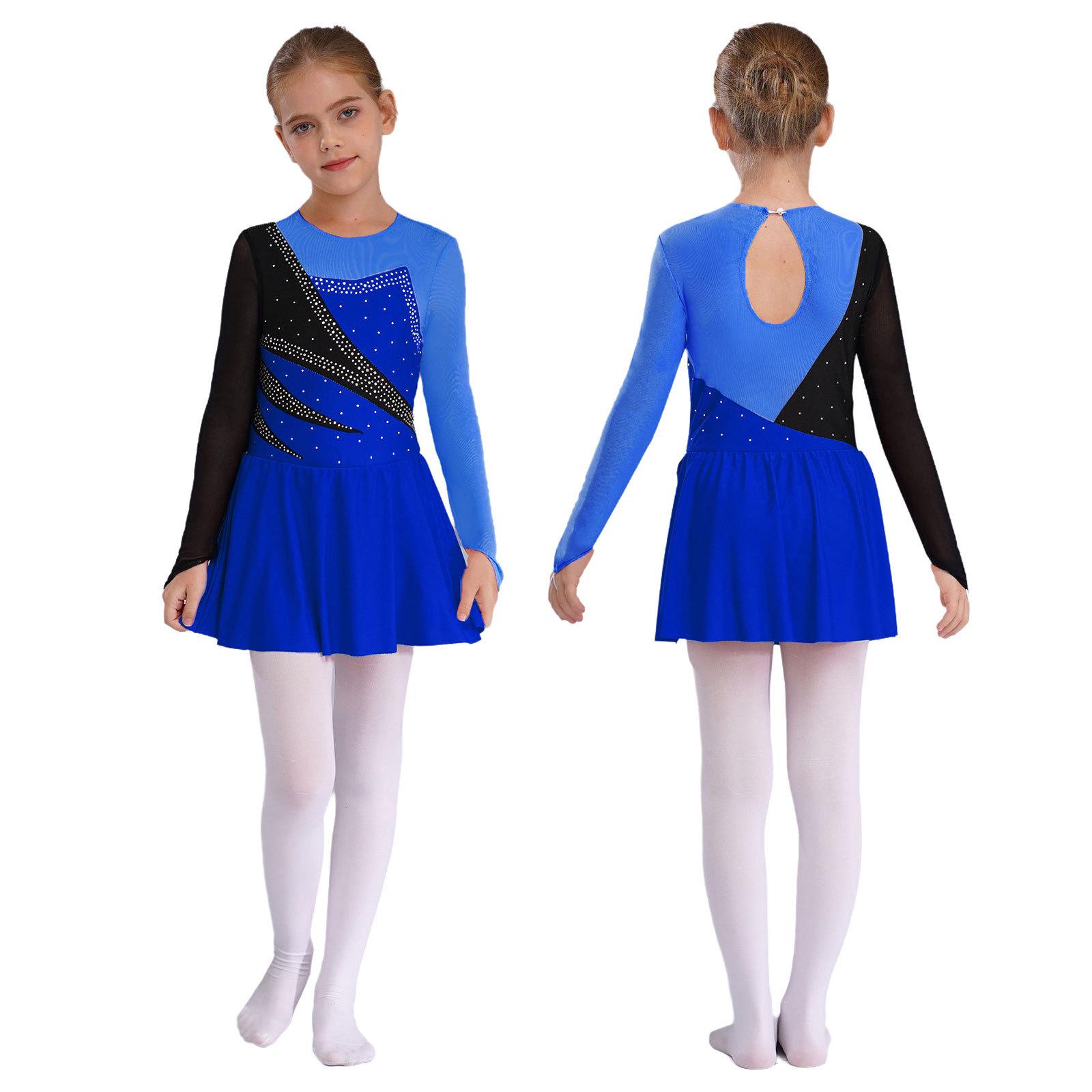 IEFiEL Kunstschaatsjurk Kinderen Meisjes Tutu Balletjurk Glanzend Strass Gymnastiek Turnpakje Lange mouw Mesh Schaatsen Jurk 11-12 Years