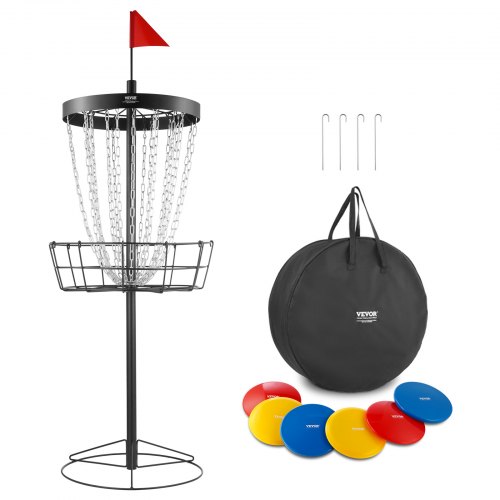 VEVOR Disc Golf Basket, draagbare discgolfset met 24 kettingen, stalen oefenstandaard voor discgolfmanden, professionele golfmandset voor buiten en binnen, inclusief 6 schijven, zwart