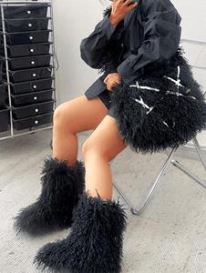 Zaful Women's Cool Y2K Daily Solid Color Fuzzy Fluffy Furry Faux Fur Textured Mid-calf Boots with Matching Oversized Tote Bag
