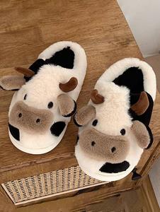 Zaful Cartoon Cow Design Fluffy Warm Bedroom Slippers