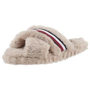 Tommy Hilfiger Pluchen pantoffels FUR CROSS STRAP HOME SLIPPER met strepen in tommy-kleuren