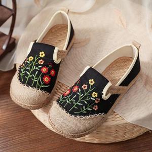 Johnature Flats Women Shoes Embroider Cotton Linen Retro Floral Round Toe Handmade Ladies Shoes