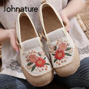 Johnature Flats Women Shoes Embroider Retro Cotton Linen Round Toe Handmade Casual Concise Comfortable Ladies Shoes