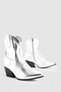 Boohoo Metallic Ankle Western Cowboy Boots, Silver