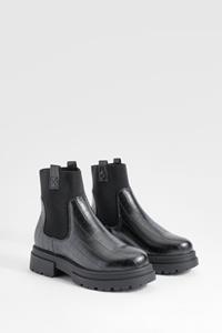 Boohoo Wide Fit Double Tab Croc Chunky Chelsea Boots, Black
