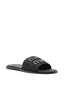 Miu Miu Raffia slippers met logopatch - Zwart