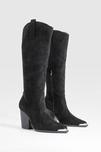 Boohoo Toe Cap Knee High Westerns, Black