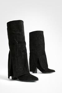 Boohoo Wide Fit Foldover Western Knee High Boots, Black
