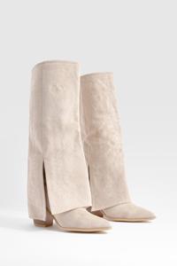Boohoo Wide Fit Foldover Western Knee High Boots, Sand
