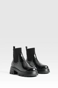 Boohoo Wide Fit Neoprene Panel Croc Chelsea Boots, Black
