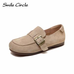 Smile Circle Natuurlijke suède dames loafers lage retro platte schoenen gesp comfortabele casual damesschoenen