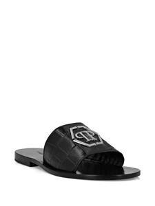 Philipp Plein Leren sandalen met logoplakkaat - Zwart