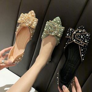True Light Flat Sole Shoes Women Spring and Summer Retro Shallow Mouth Pointed Soft Peas Shoes Bow Rhinestone Scoop Shoes