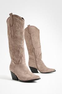 Boohoo Geborduurde Kniehoge Cowboylaarzen, Taupe