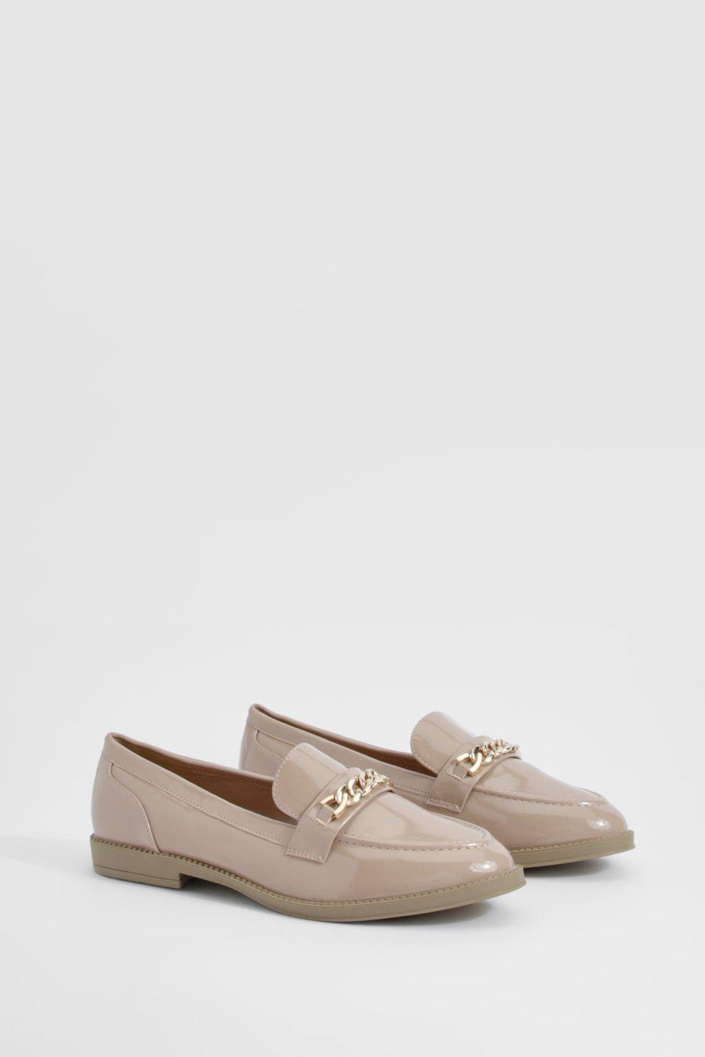 Boohoo Wide Fit Chain Trim Patent Loafers, Beige
