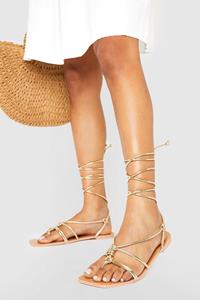 Boohoo Brede Geknoopte Sandalen Met Gekruiste Bandjes En Gekruiste Bandjes, Gold