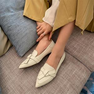 Meotina Flats Schoenen met Puntige Neus Dames Natuurlijk Echt Leer Loafers Schoenen Boog Instapschoenen Dames Platte Casual Schoenen Beige