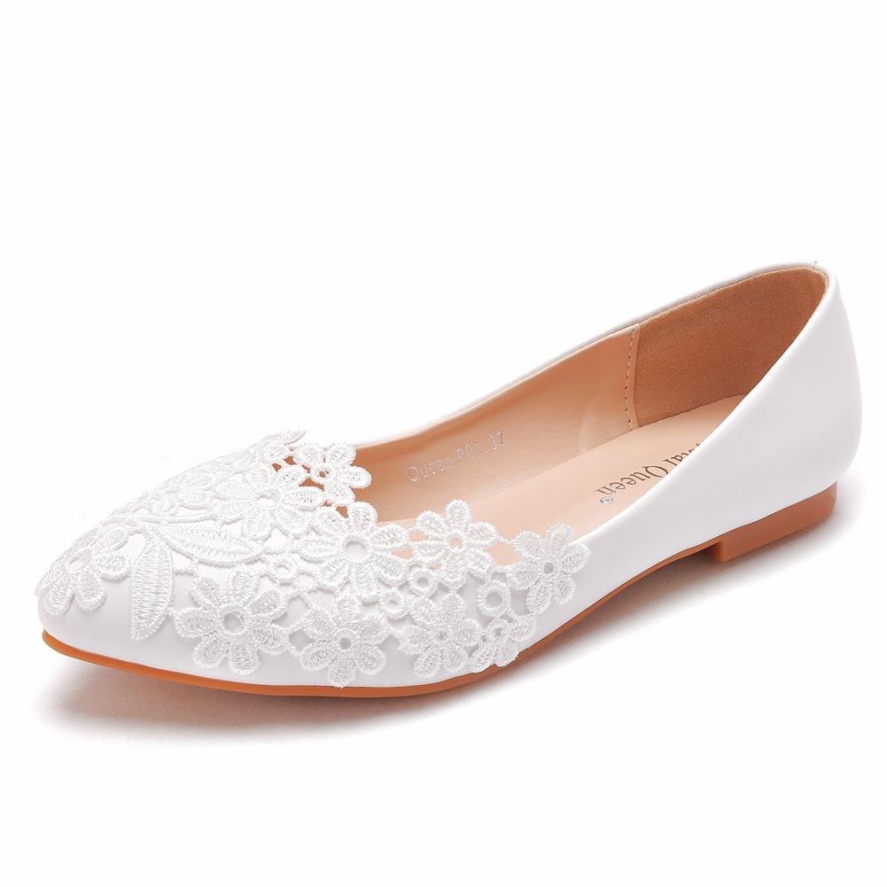PAPA Summer Ballet Flats White Lace Bride Wedding Shoes Flat Low Heel Casual Without Heels Women Dress Pumps Sweet