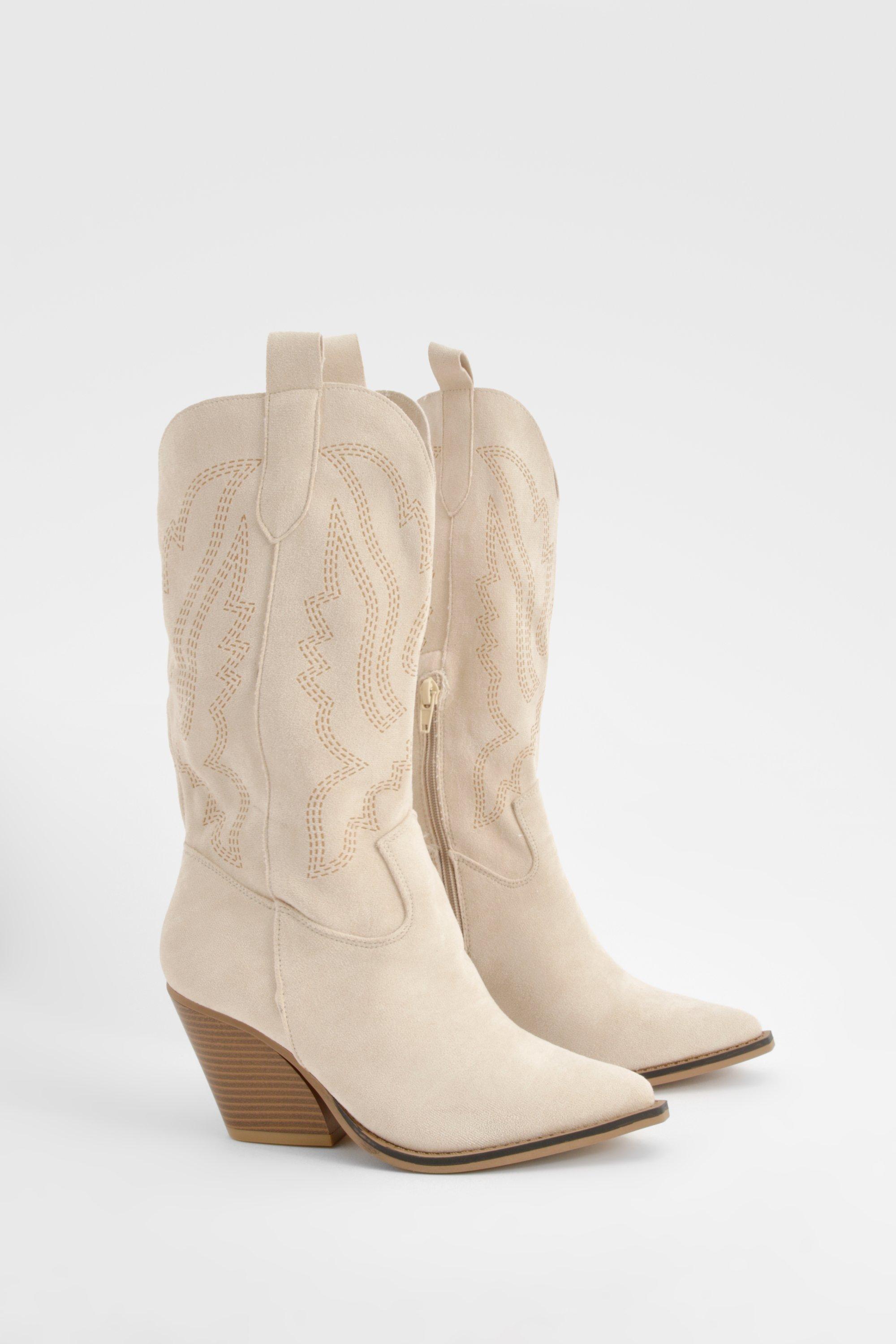 Boohoo Embroidered Western Boots, Taupe