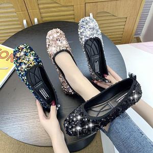 Cpcoepax Flats Shoes Women Sequins Square Toe Loafers Fashion Ballet Flats Wedding Flats for Women Comfortable Slip on Low Heel Dress Shoes for Evening Party