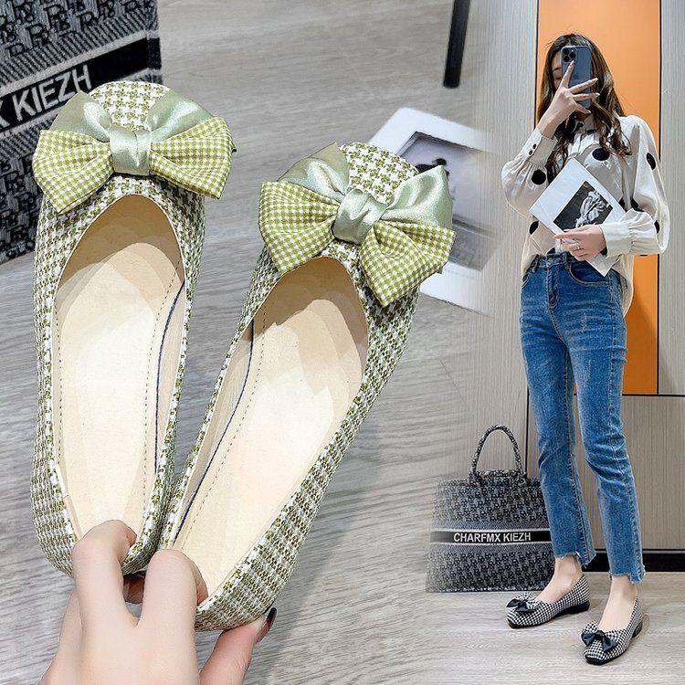 FuII  Beauty Houndstooth Lazy Peas Shoes Bowknot Square Toe Shallow Mouth Pedal Flat Shoes Fairy Shoes
