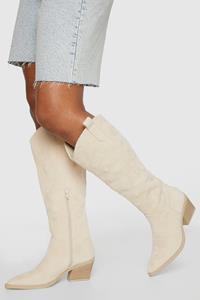 Boohoo Low Heel Embroidered Knee High Western Cowboy Boots, Beige