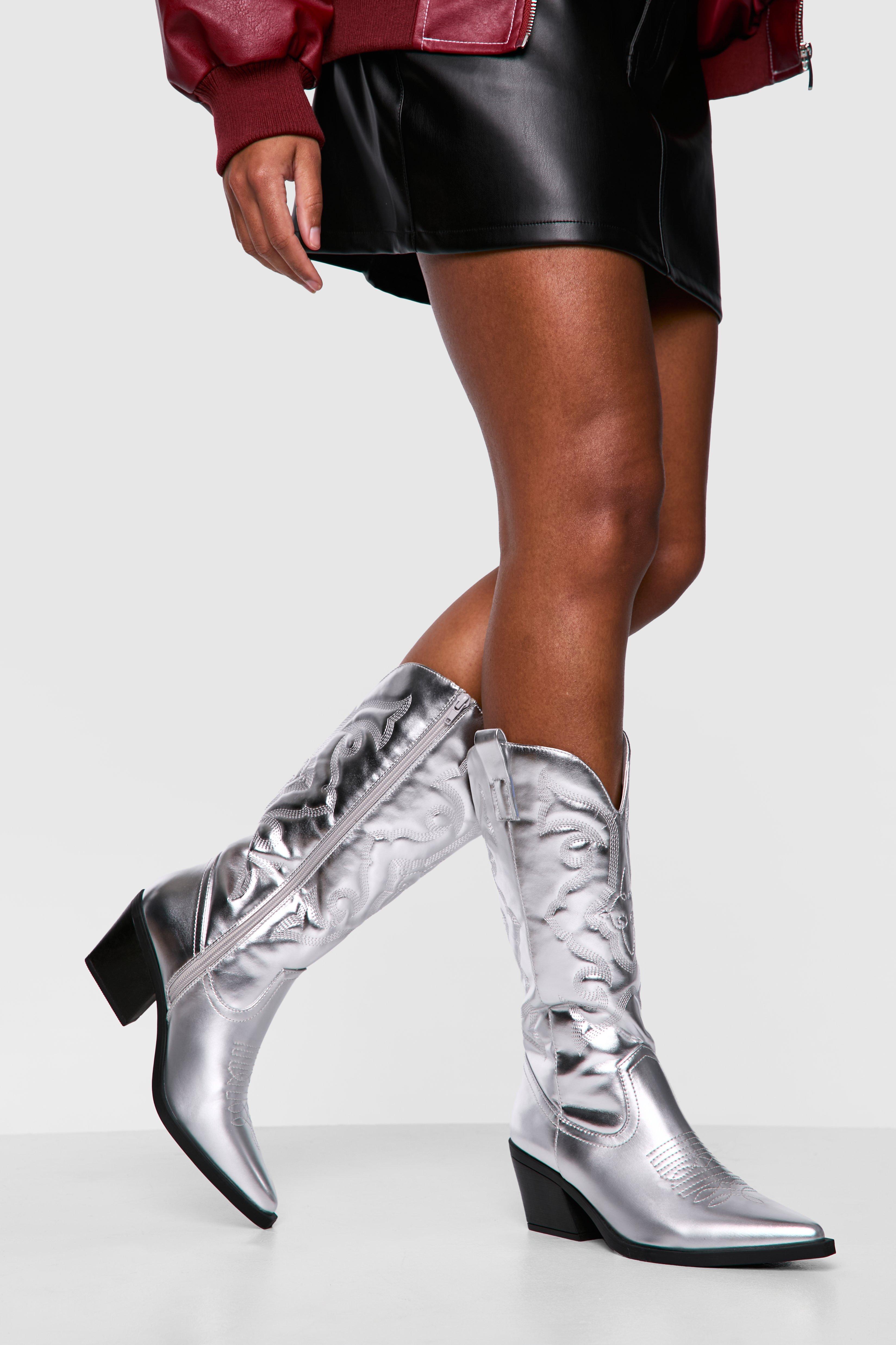 Boohoo Metallic Embroidered Pu Western Cowboy Boots, Silver