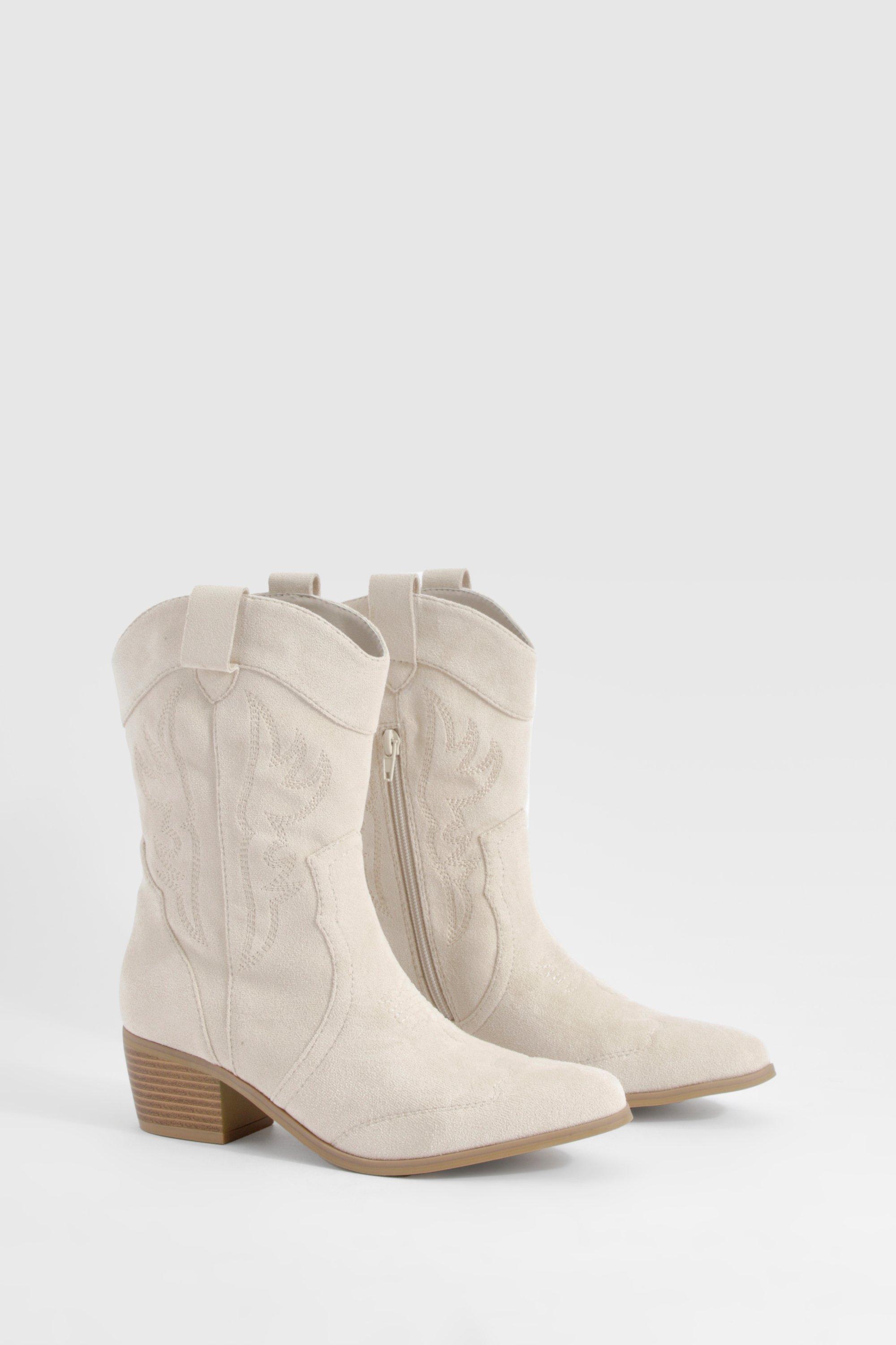 Boohoo Embroidered Western Ankle Cowboy Boots, Stone