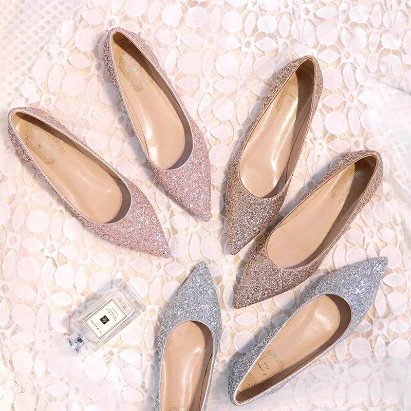 YUYAN Happy Hour 2024 Fashion Women Flats Pointed toe Brand Ladies Bling Shoes Flat Elegant Pink Gold Silver Plus Size 42