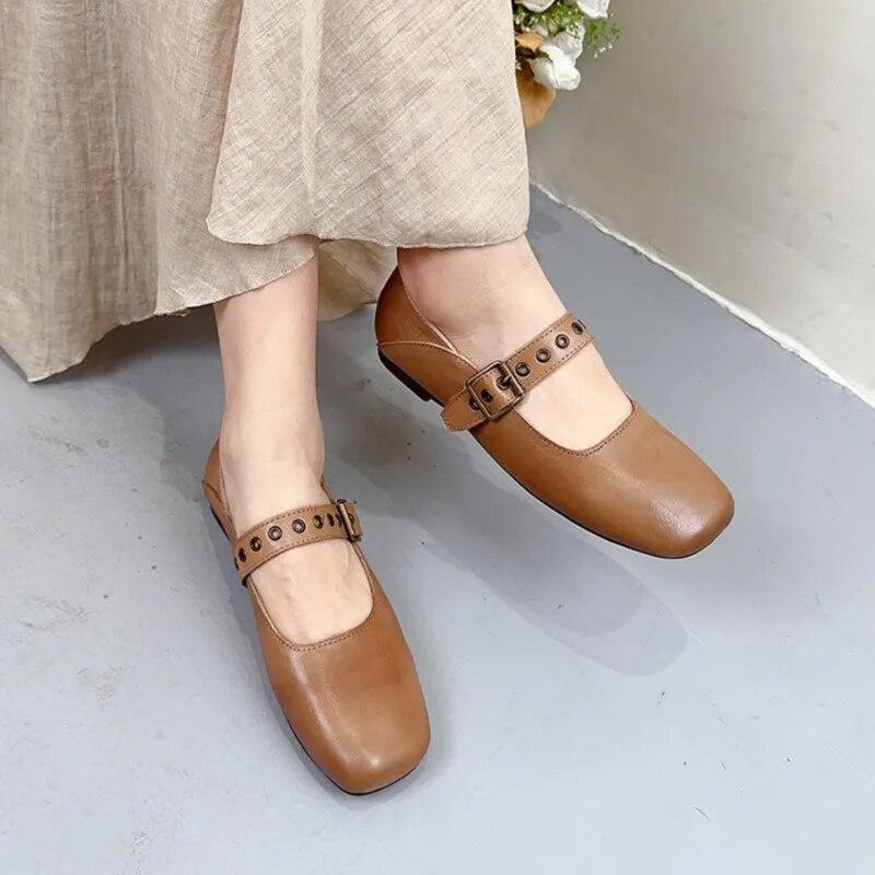 Johnature Square Toe Genuine Leather Flat Shoes Casual Solid Color Belt Buckle Shallow Women's Shoes