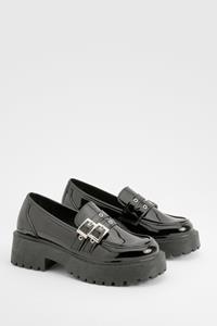 Boohoo Patent Buckle Detail Chunky Sole Loafers, Black