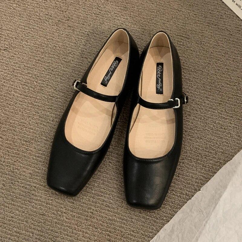 GS Summer Women Flats Fashion Square Toe Shallow Mary Jane Shoes Soft Casual Ballet Shoes Slingback Shoes Black