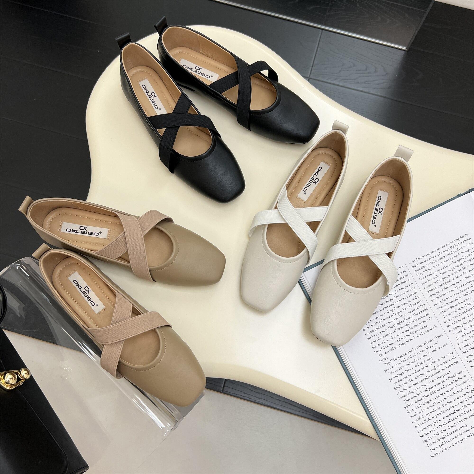 Finshoes Cross elastische band ballet flats vrouw slip op loafers retro vierkante neus oma schoenen mocassins ontwerper elegant