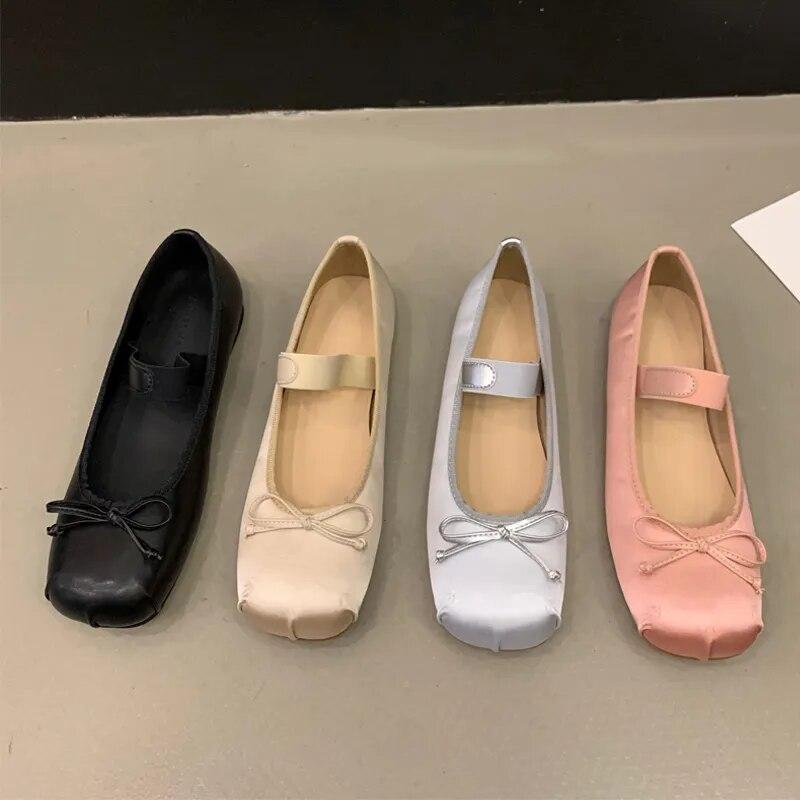 Finshoes Luxury Satin Silk Ballet Shoes Woman Classic Square Toe Bowtie Elastic Band Ballerina Flats Ladies Soft Loafers