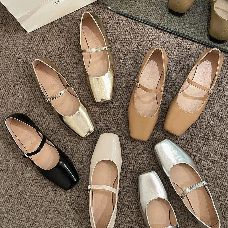 Finshoes New Women's Flats Square Toe Mary Janes Shoes Sliver Gold Leather Shoes for Female Buckle Strap Ladies Shallow Shoe Spring