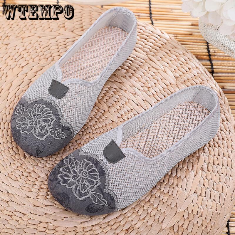WTEMPO Women Mesh Breathable Shoes Ladies Embroidered One Foot Non-slip Soft Sole Comfortable Breathable Shoes Footwears