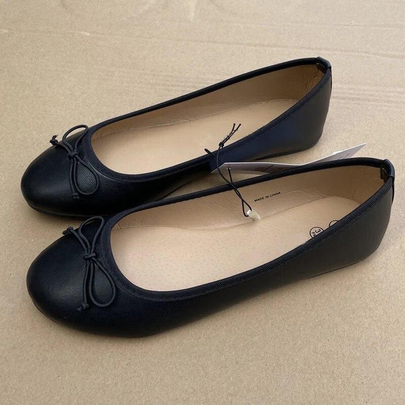 Lucky Black Cat Elegant Bowknot Ballerina Women's Flat Round Toe Comfort Slip-On Ladies Loafers Leather Single Shoes