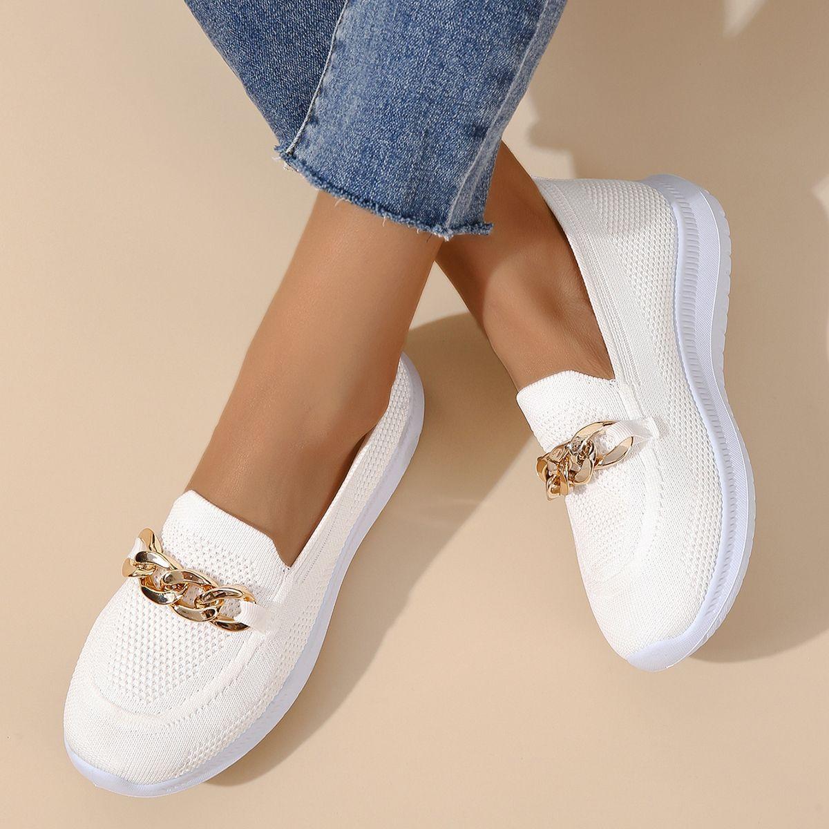 Casual Shoes Mesh shallow solid color round toe chain one foot slip plus size athleisure single shoes women