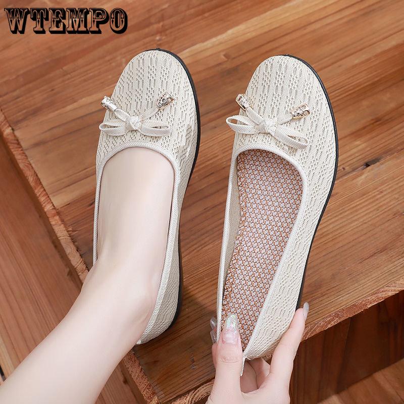 WTEMPO Non Slip Sole Work Shoes Shallow Cut Cloth Shoes Hollow Breathable Bow Decoration Simple Casual Spring Summer