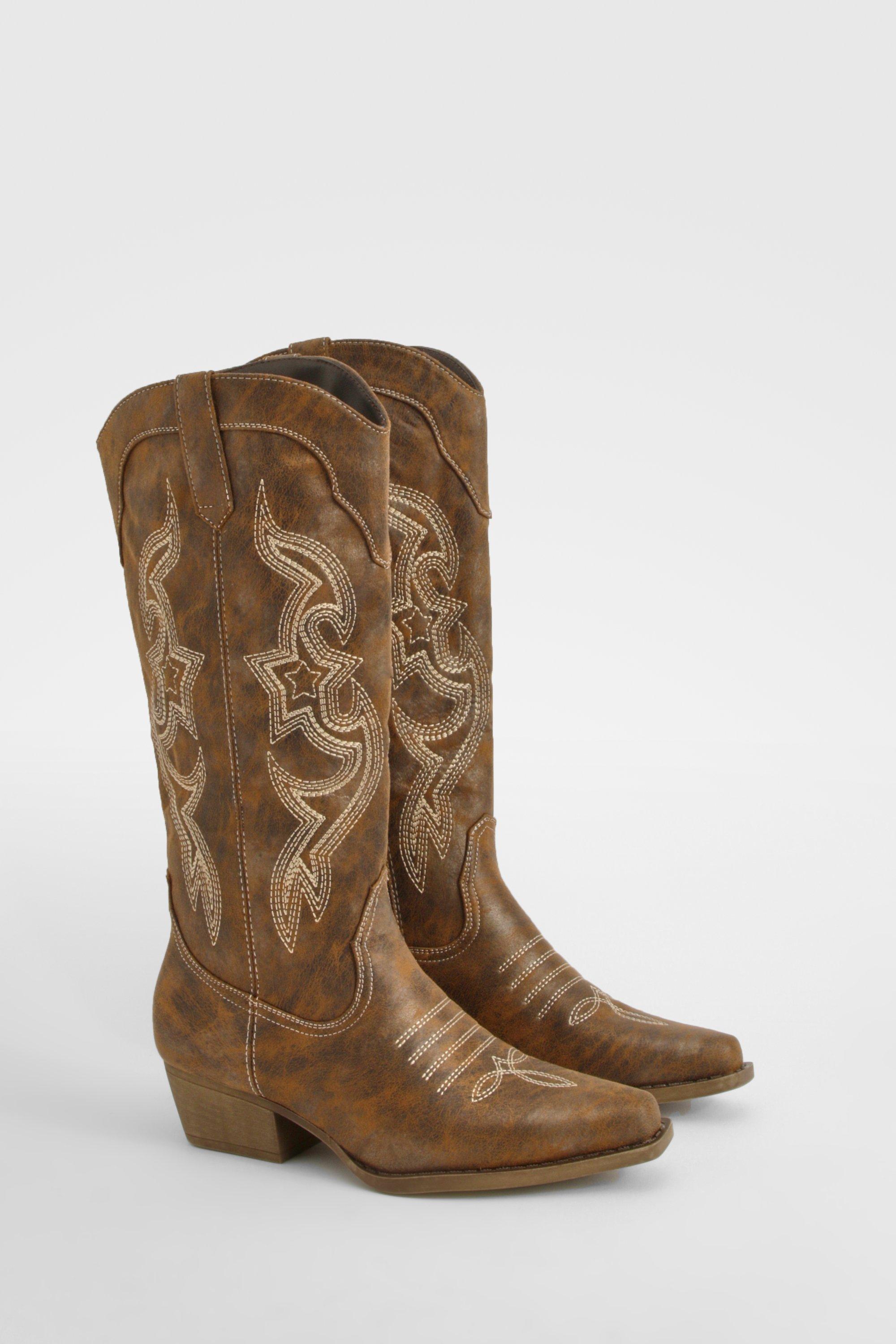 Boohoo Burnished Pu Cowboy Western Boots, Brown