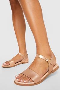 Boohoo Brede Tweedelige Metallic Sandalen, Rose Gold