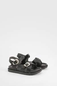 Boohoo Brede Dikke Western Sandalen Met Gesp, Black