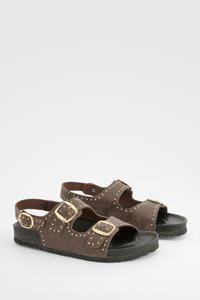 Boohoo Gepolijste Pu Sandalen Met Studs En Dubbele Bandjes, Chocolate